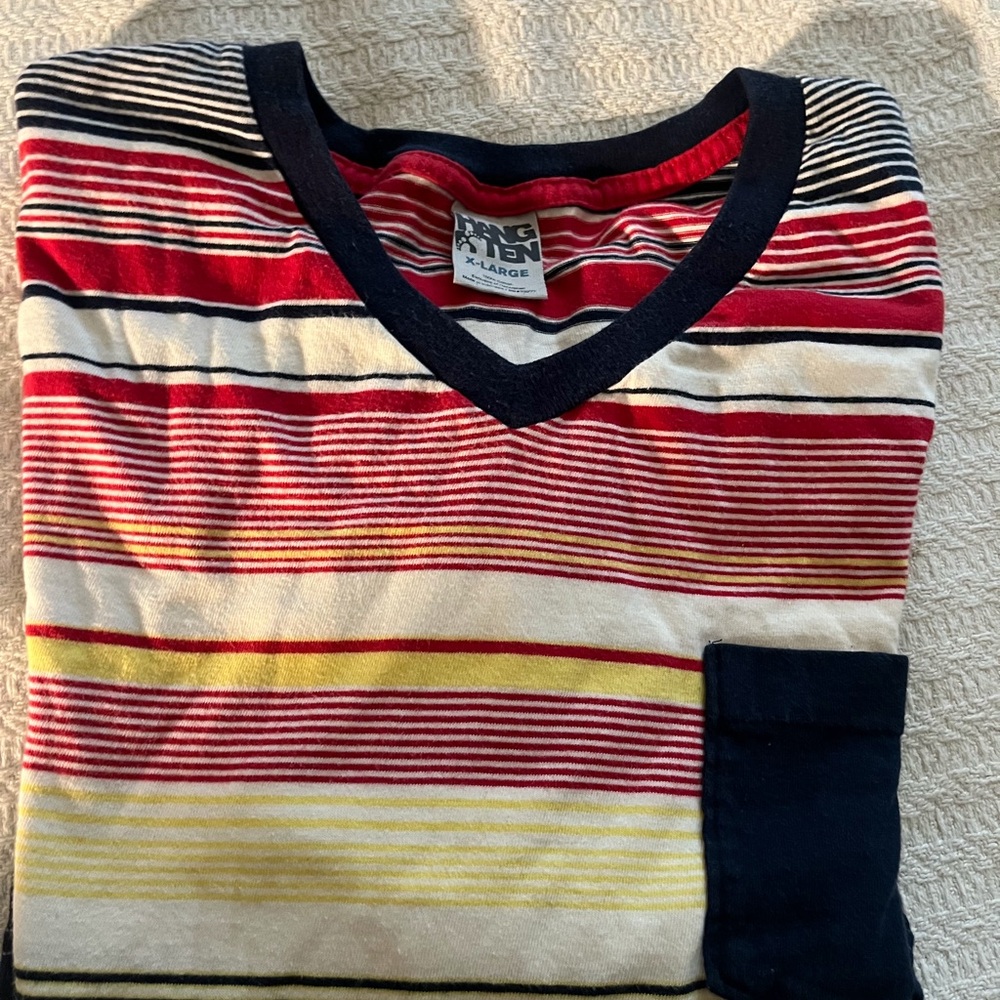 Striped V-Neck Pocket Tee in Red, Yellow & Navy